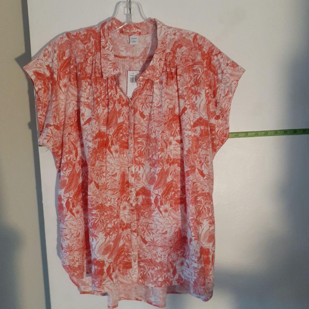old navy top coral pink linen rayon xl Summer floral shirt oversized blouse